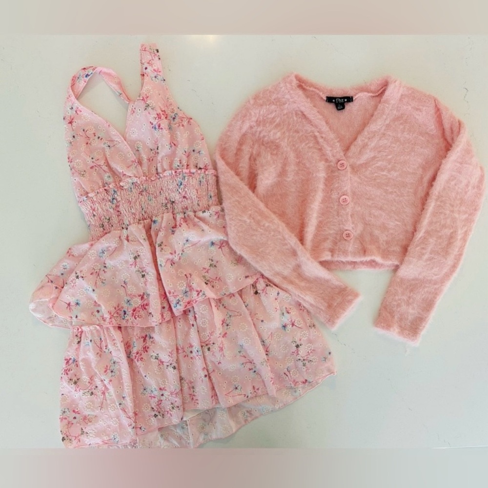 Floral Pink Kids Casual Dress with Cardigan